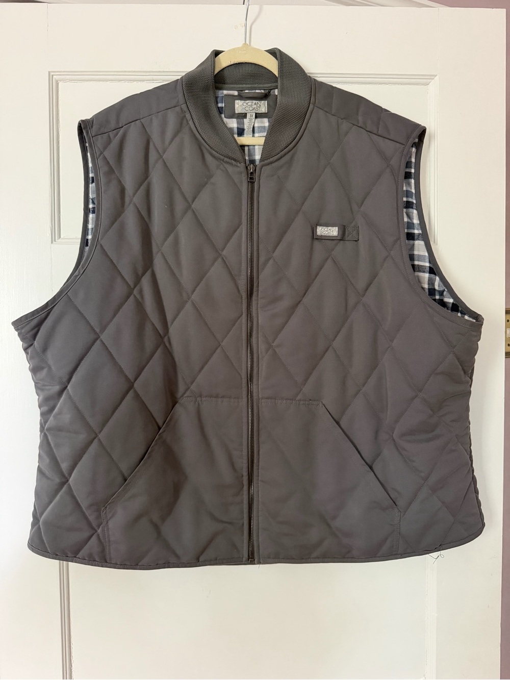 Ocean + Coast Men’s 3X Gray Quilted Vest Plaid Lined Full Zip Big & Tall